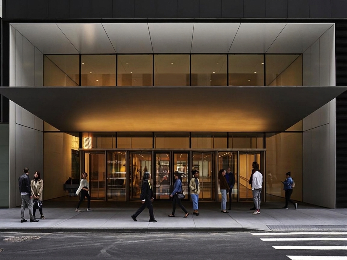 Modern architectural hospitality property exterior with illuminated entrance and contemporary design